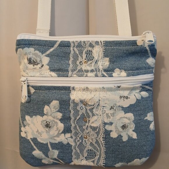 New Travel Sling Shoulder bag Blue White floral Roses Canvas Lacy Zip Purse Chic - Picture 3 of 13